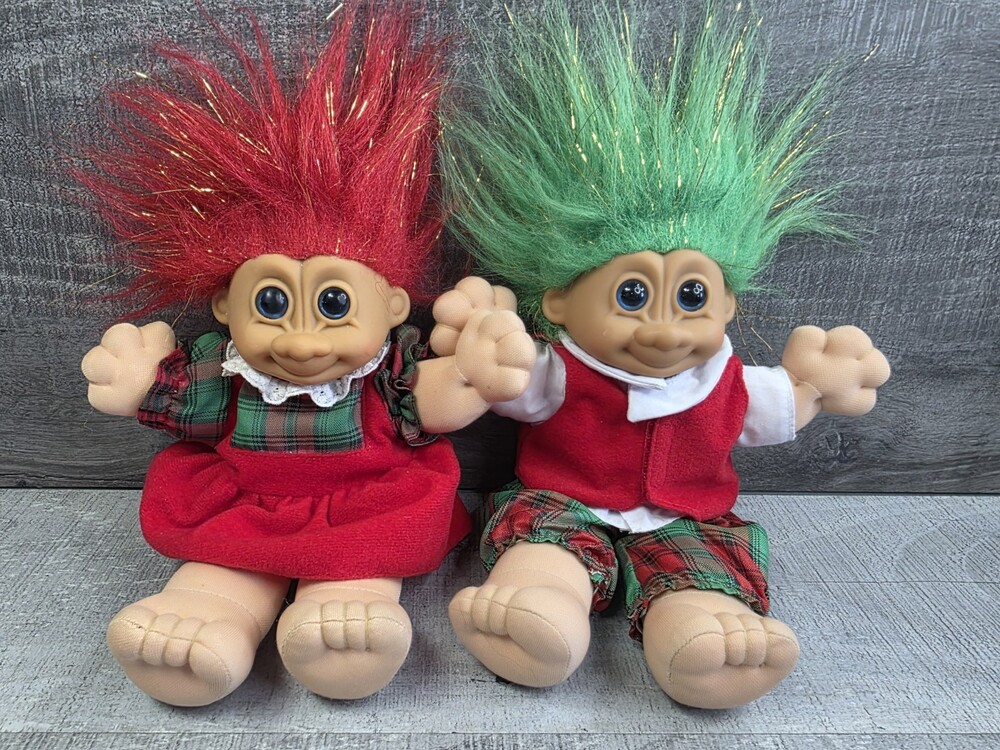 Russ Berrie Troll Doll Vintage Red Hair With Gold Tinsel Felt Dress Couple b307